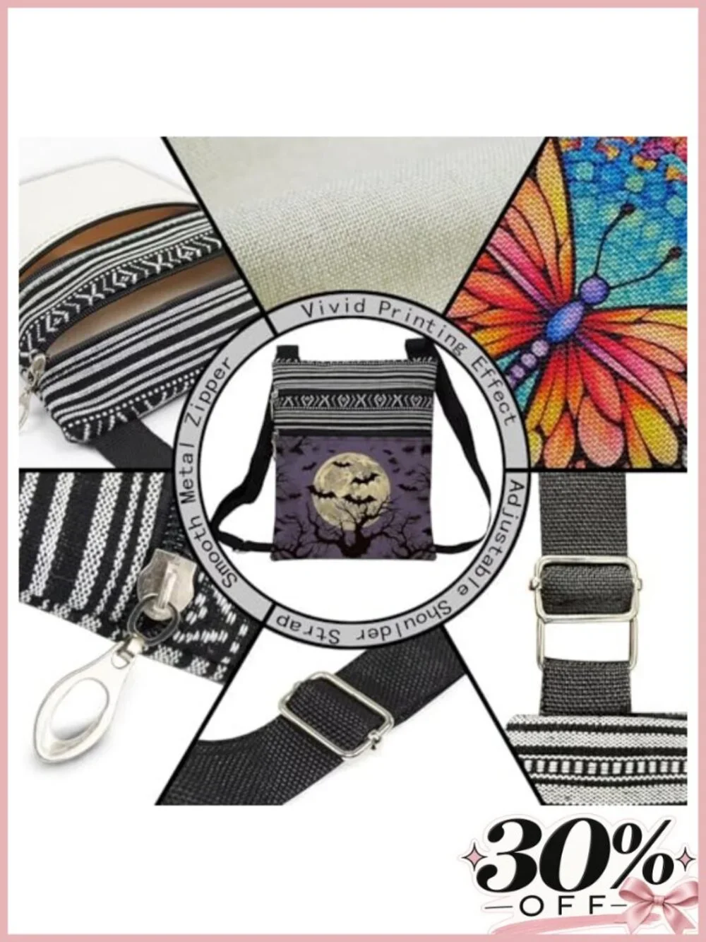 Women's Small Ethnic Crossbody Bag with Bat Print, Adjustable Strap, Zipper
